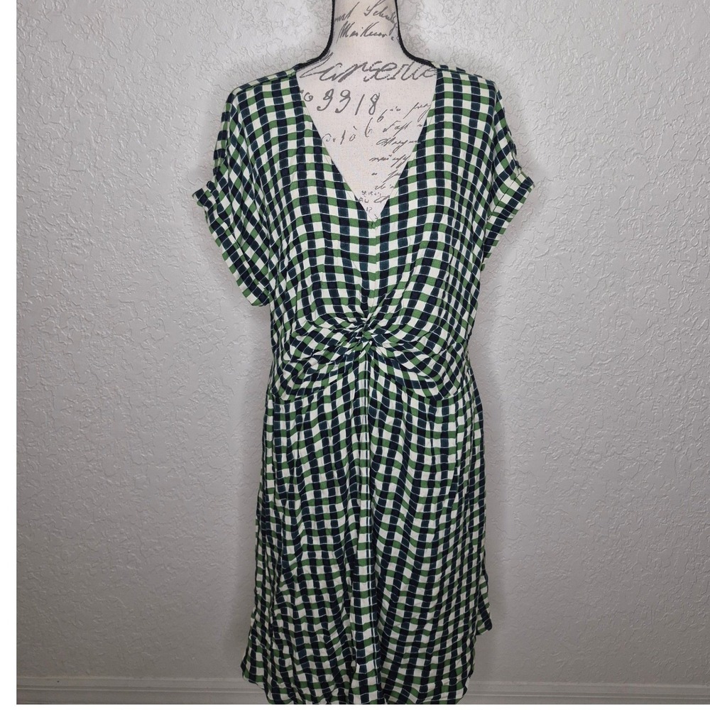 Ava & Viv Green Gingham Twist Front V-Neck Dress XXL Short Sleeve Rayon